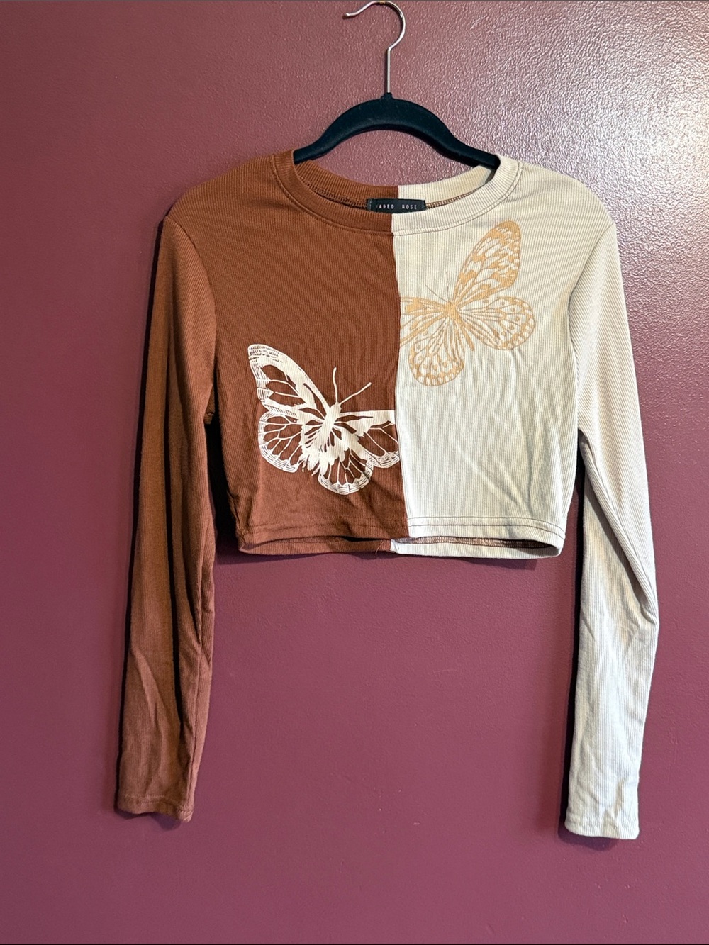 Butterfly Colorblock Long Sleeve Crop Top - Brown & Cream